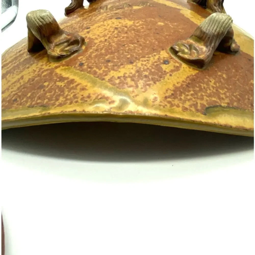 Vintage Butterfly signed Studio Pottery Gold‎ Burnt orange footed dish signed